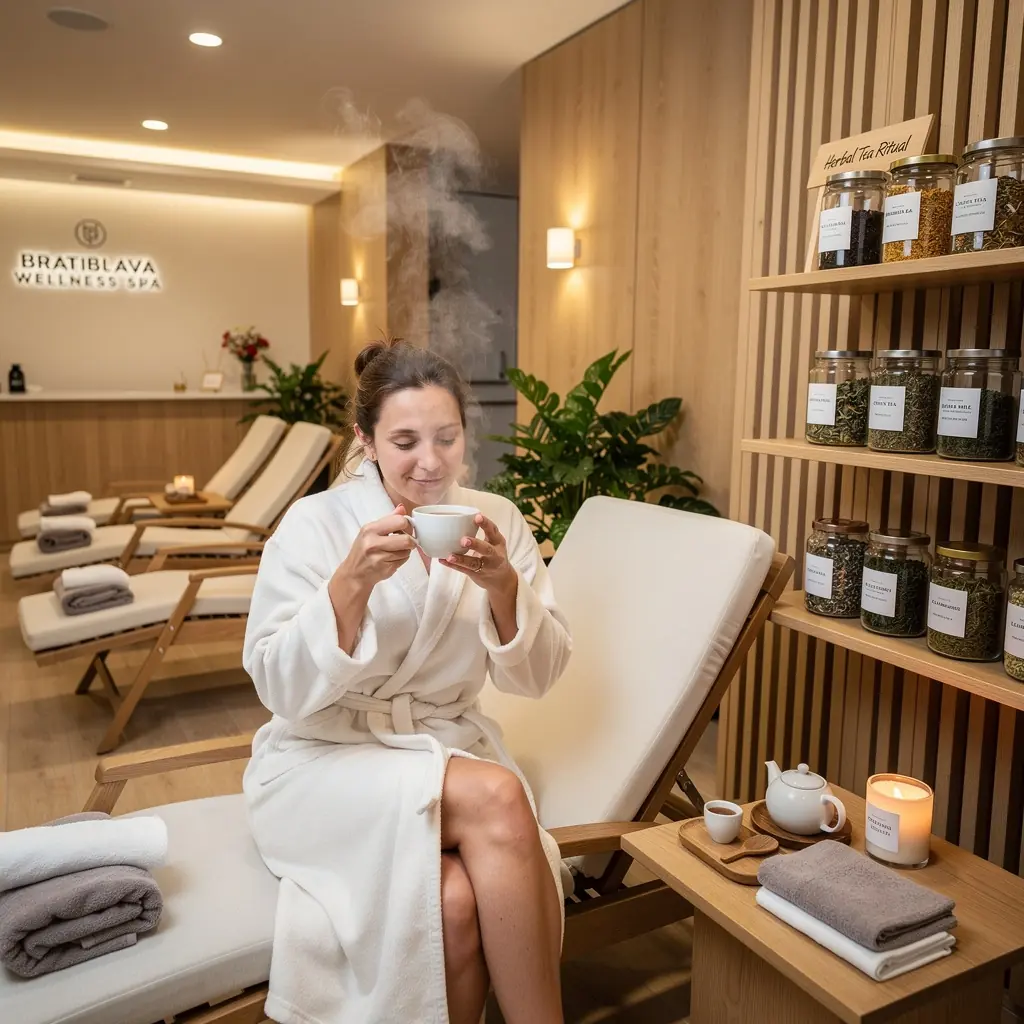 Relaxujúca scéna s osobou, ktorá si vychutnáva čaj na terase s výhľadom na hory