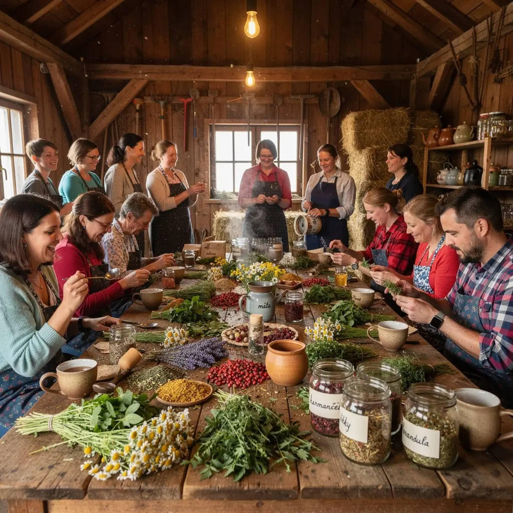 Šálka bylinkového čaju na drevenom stole s jemným svetlom v pozadí